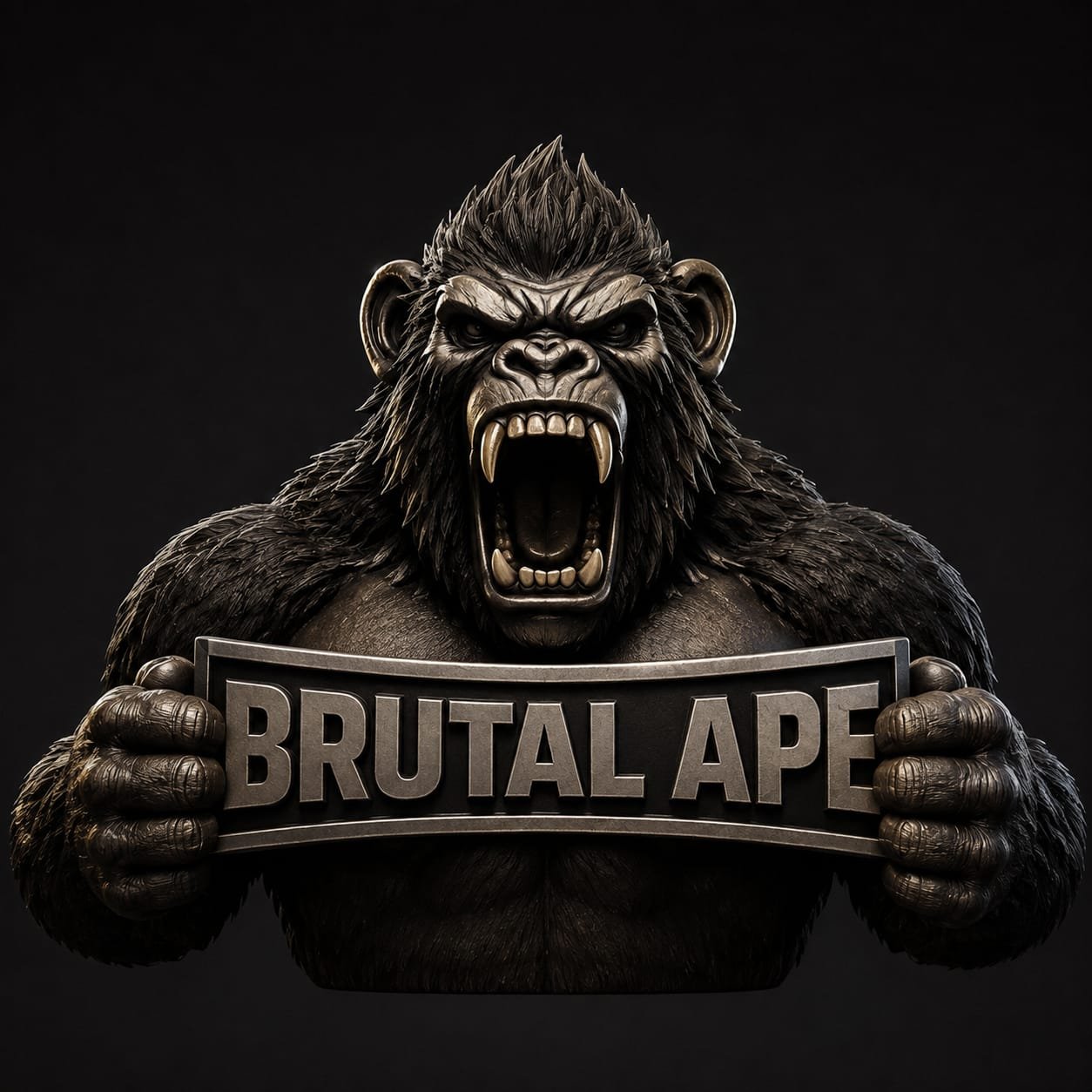 Gorila Brutal Ape segurando uma placa com o nome da marca